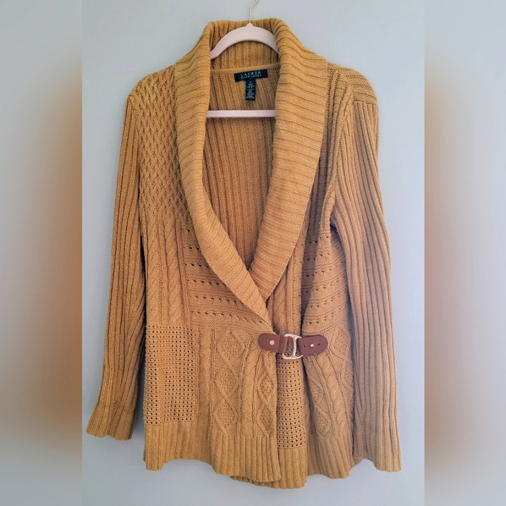 Lauren Ralph Lauren Tan Side Buckle Womens Medium Cardigan Sweater